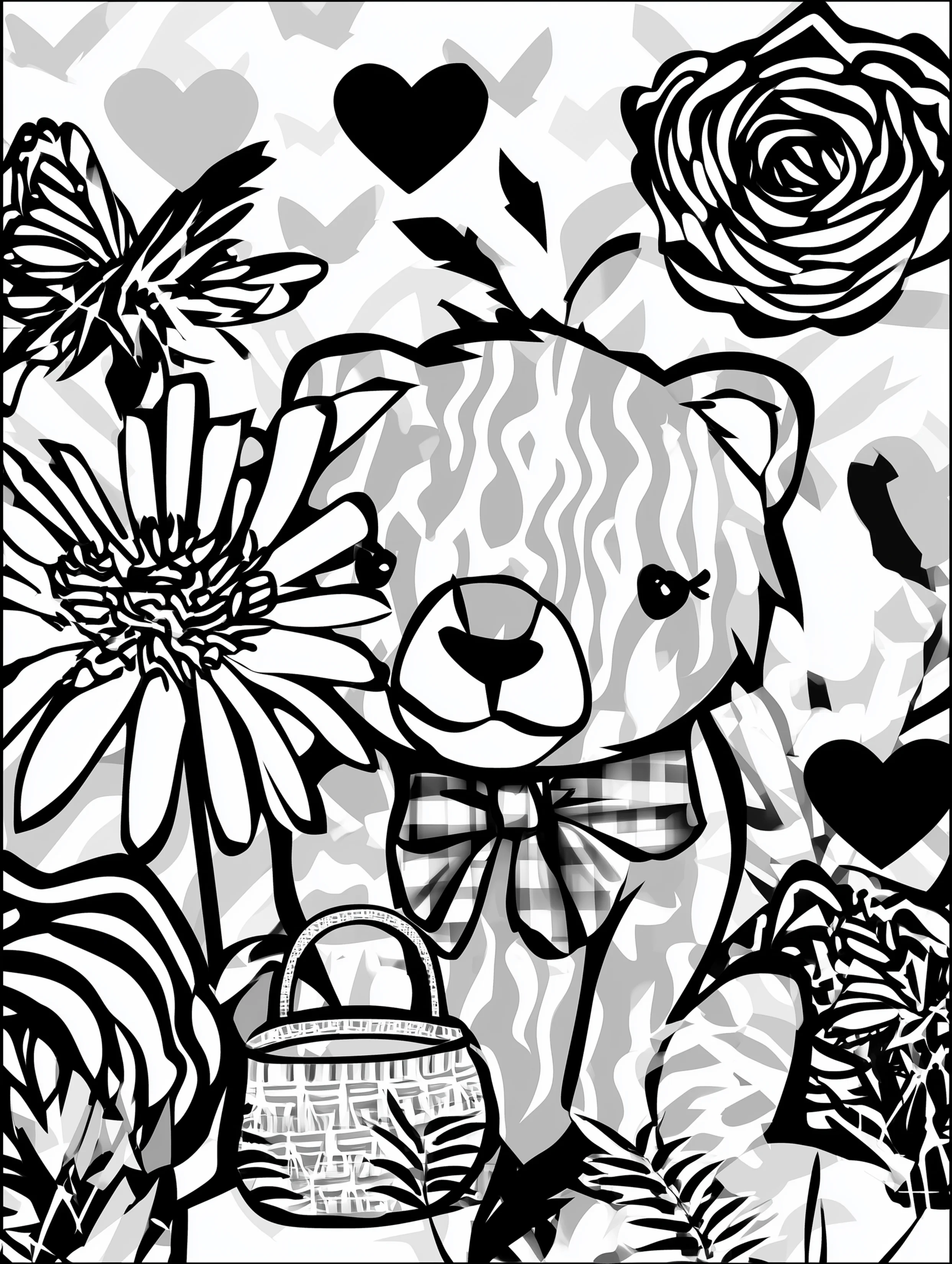 Free printable bear coloring book page featuring a bear with daisies and a basket